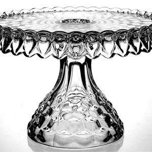 Mid century FOSTORIA Pedestal Cake Stand w Rum Well MINT SPARKLY SCALLOPED Glass